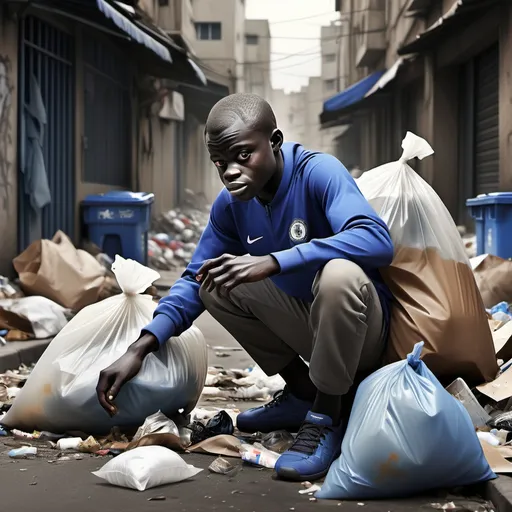 Prompt: (realism style), N'Golo Kante (scavenging trash), urban environment, detailed surroundings with discarded items, dynamic pose expressing focus, soft natural lighting, muted color tones, gritty atmosphere, crucial details like facial expression and posture scrutinizing litter, emphasizing realism in the scene, high-quality resolution, ultra-detailed composition.