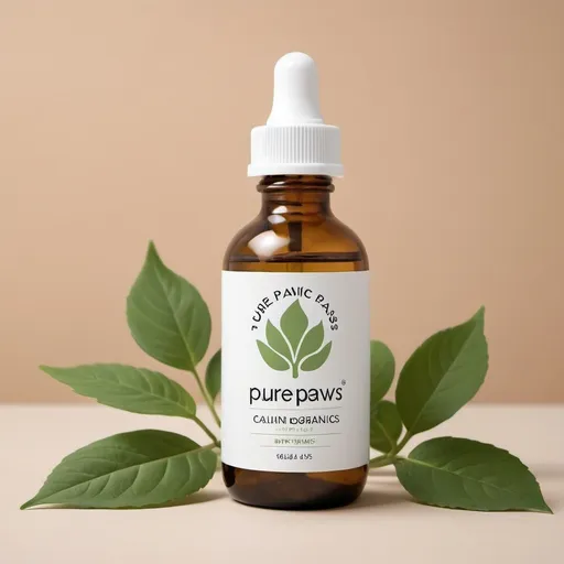 Prompt: Create a realistic, high-resolution photo of an organic calming supplement drop product for cats, branded as "PurePaws Organics." The product should be presented in a sleek, minimalist dropper bottle with a matte finish. The label on the bottle should be white with green accents, featuring a minimalist paw and leaf logo, and the brand name "PurePaws Organics" in elegant, modern font. Include customizable packaging with a space for pet names. The background should be a soft, neutral tone to keep the focus on the product, with natural elements like leaves or plants subtly placed around to emphasize the organic aspect. Add a cute, relaxed-looking cat next to the product to convey the calming effect. Ensure the lighting is soft and natural to enhance the product's appeal and perceived value.