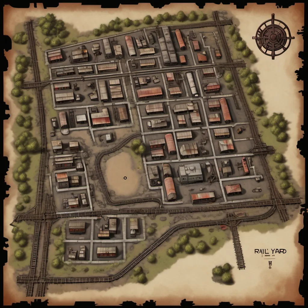 Prompt: table top rpg map of a town built out of an abandoned rail yard after an appocolypse