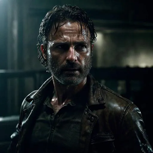 Prompt: High quality, 4k, ultra-detailed, action- Rick Grimes has bad mood, intense and focused expressions, realistic digital art, intense lighting and dynamic shadows, detailed facial features, futuristic and apocalyptic setting, post-apocalyptic, gritty atmosphere, intense confrontation, detailed characters, epic battle, professional rendering, realistic textures, cinematic lighting, dramatic composition, high-resolution, action, horror, survival, intense emotion, atmospheric lighting