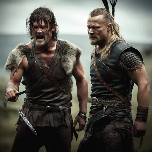 Prompt: Creat daryl dixon fight with ragnar lothbrok in viking series by high quality and light mor detail and hd picture pleas i wanna ragnar look like the rangar lothbrok in viking serie pleas creat ragner lothbrok more more more like ragner in viking series 