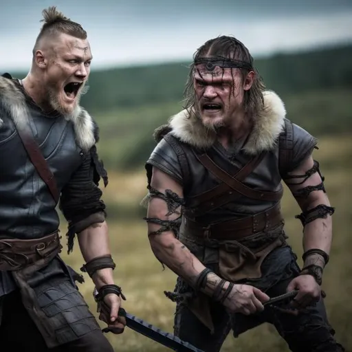 Prompt: Ragnar lothbrok with daryl Dixon woch fight against enemy have high quality and more detail and 4k picture 