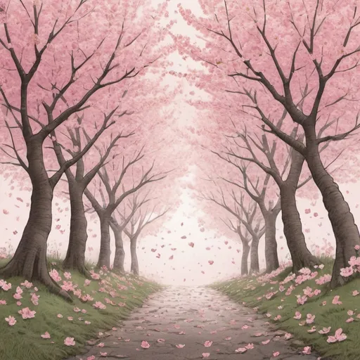 Prompt: illustration drawing of cherry blossom trees with leaves falling