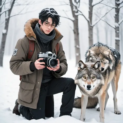 Prompt: Anime man with a film photography camera and a wolf next to his side in the snow.