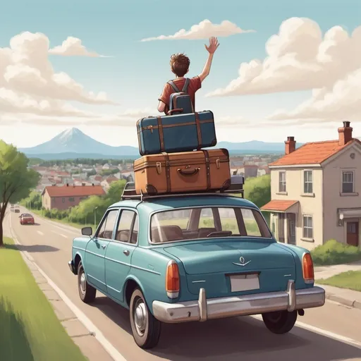 Prompt: Car with luggage on top of it, leaving town in the background. Young adult boy waving out the window. illustration drawing