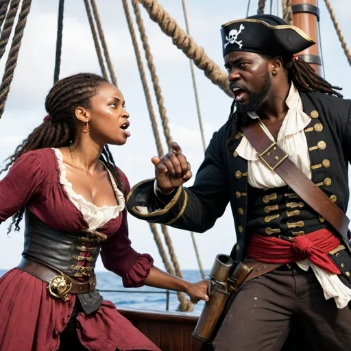 Prompt: a black woman pirate fights a black male captain on a pirate ship