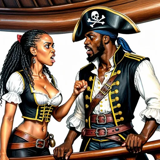 Prompt: a black female pirate and their black male captain yell at each other on a pirate ship. colored pencil drawing.