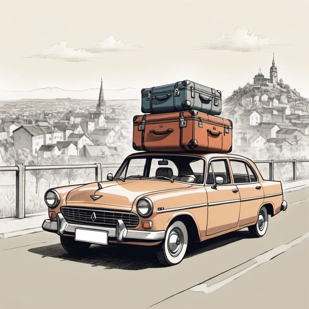 Prompt: Car with luggage on top of it, leaving town in the background illustration drawing