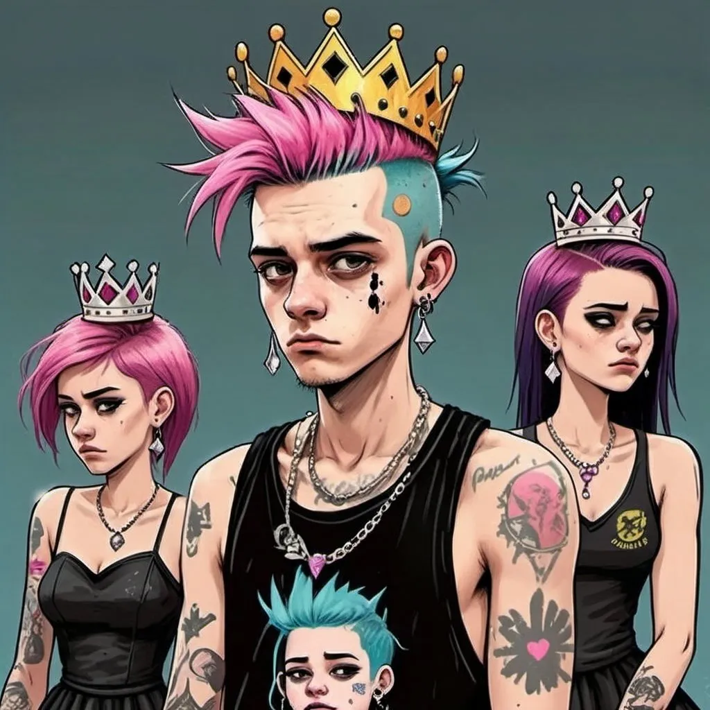 Prompt: Punk rocker with colored hair attends the prom, and watches the prom queen get crowned, while another girl cries behind her in a dress.