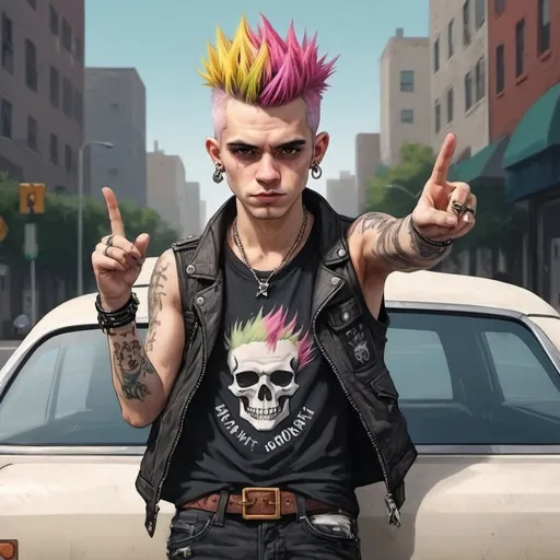 Prompt: Vibrant punk rocker, with colored hair, rebelliously extends a hand out the car window, with his middle finger out, cruising through a bustling cityscape with a trunk full of luggage