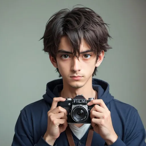 Prompt: anime male with film photo camera portrait