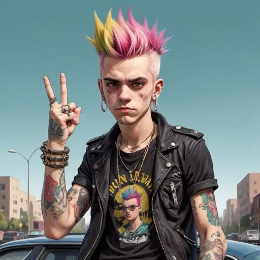 Prompt: Vibrant punk rocker, with colored hair, rebelliously extends a hand out the car window, with his middle finger out, cruising through a bustling cityscape with a trunk full of luggage