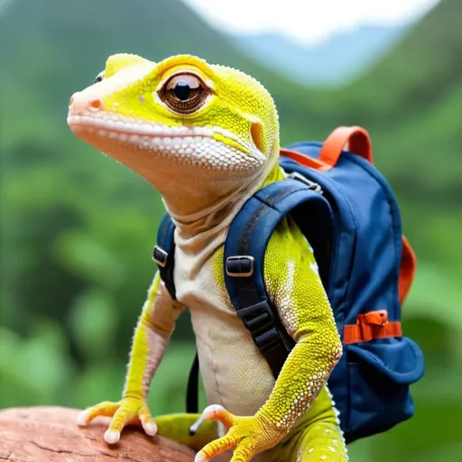 Prompt: a gecko with a backpack ready for adventure