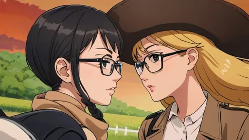 Prompt: Anime illustration of two women horseback riding, dark-haired woman with glasses, blonde woman no glasses