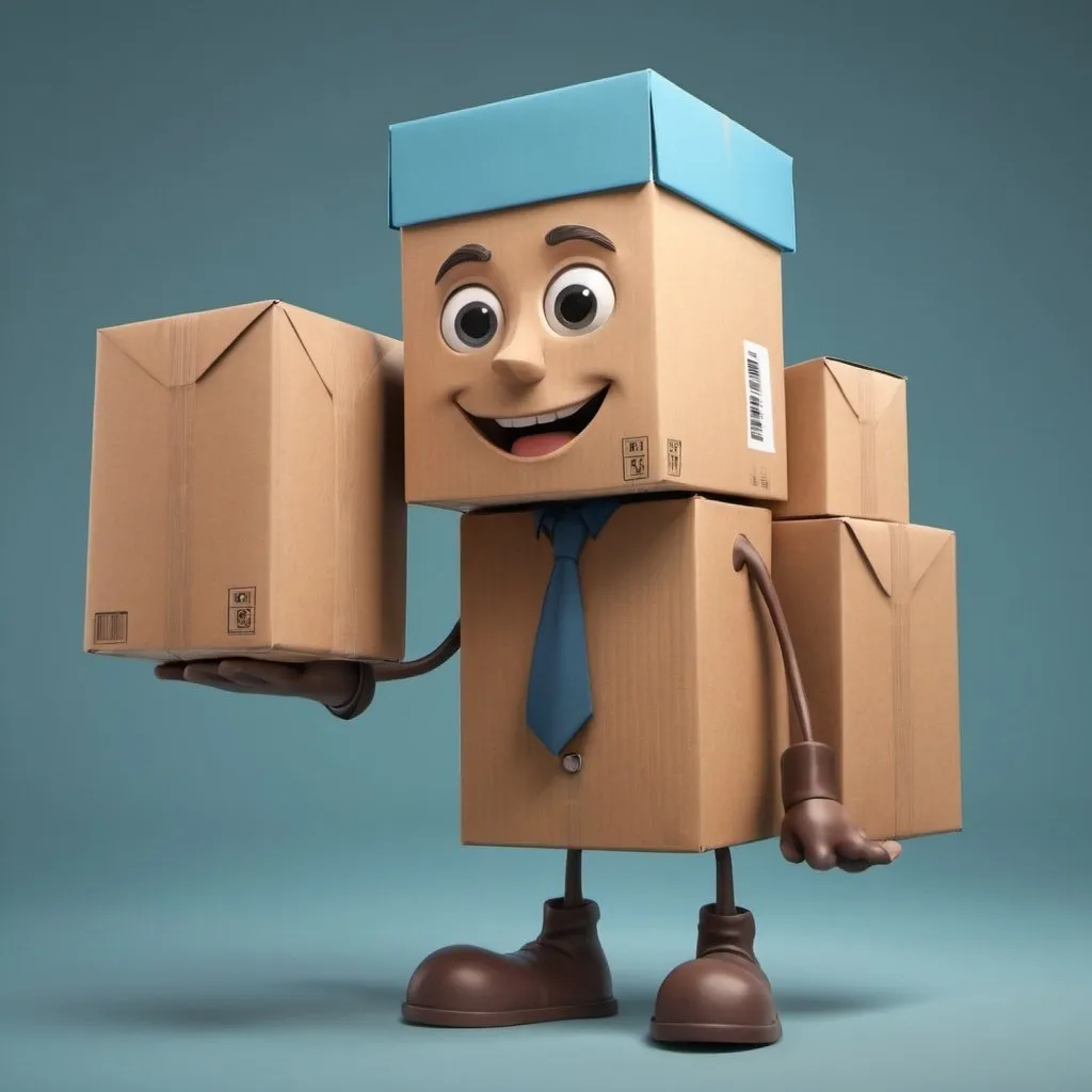 Prompt: A vartoo  character that has a box like head that is delivering packages to customers.