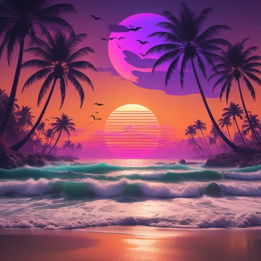 Prompt: a picture of a beach with palm trees and a r in the middle of it, and a sunset in the background, WaveRetro, regionalism, album cover, an album cover, Halloween theme,