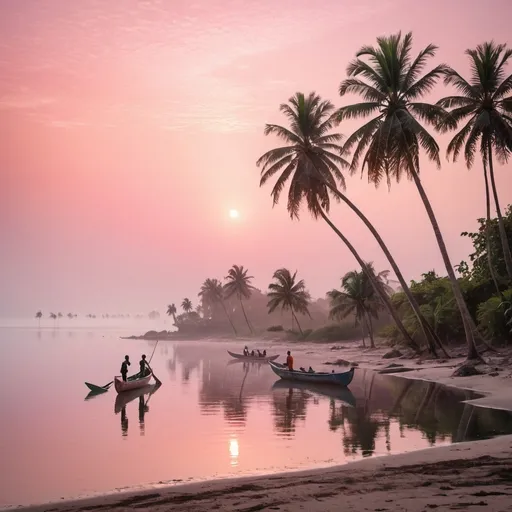 Prompt: "A serene Nigerian coastal landscape at dawn, with fishermen in canoes casting nets into calm, crystal-clear waters. Majestic palm trees line the shore, and a soft mist rises from the sea. The sky is painted in hues of pink and orange."
