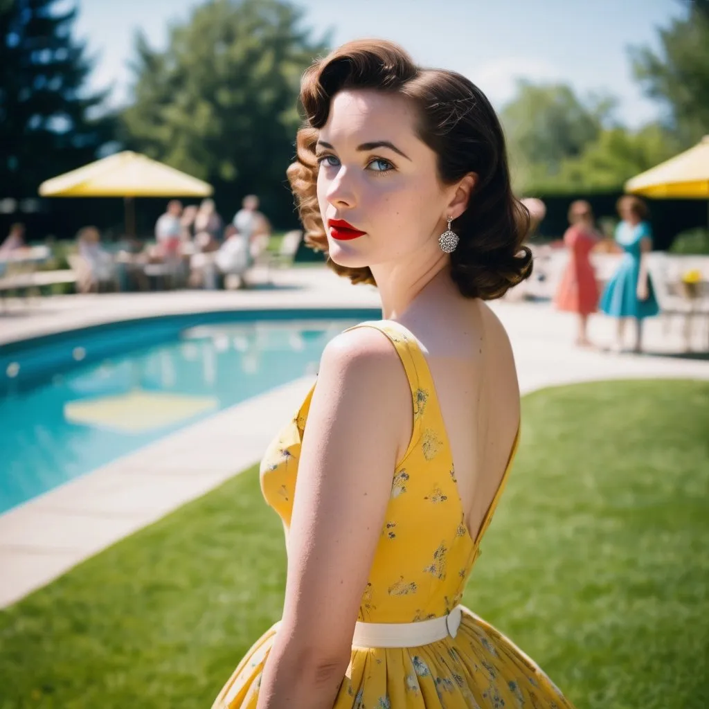 Prompt: A beautiful woman wearing a 1950's yellow sundress. She is standing on a lawn. She is wearing matte red lipstick, with mascara, eyeliner a blush on her cheeks. She has bright blue eyes and her curly brown hair goes down to her shoulders. She is wearing small diamond earing's. She is standing in front a 1950's mid century modern pool with a small crowd in the background. Its a sunny blue day and the crowd is attending a pool BBQ.