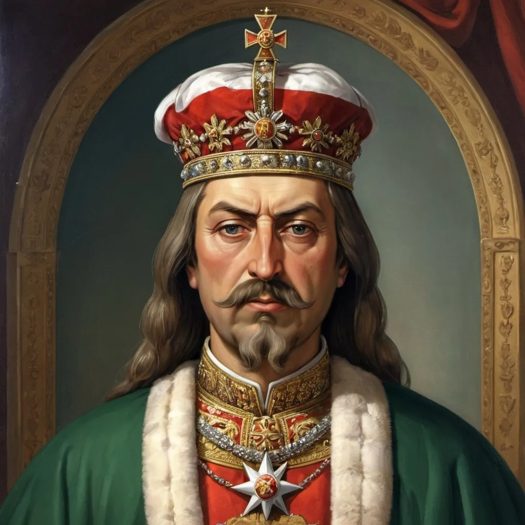 Prompt: Tsar Presian II was a ruler of Bulgaria during the 10th century, also known as Presian II of Bulgaria. His reign occurred during a challenging period marked by external threats and internal instability.

In terms of his external appearance, Tsar Presian II likely projected an image of authority and strength befitting his position as a monarch. He would have worn royal attire that emphasized his status, possibly adorned with symbols of kingship and power. Presian II may have had distinct facial features characteristic of Bulgarian nobility, reflecting his heritage and royal lineage.

While specific details about Tsar Presian II's physical appearance are limited in historical records, he is remembered as a ruler who faced considerable challenges during his reign, including conflicts with neighboring powers. His leadership during this tumultuous period played a role in shaping the course of Bulgarian history.