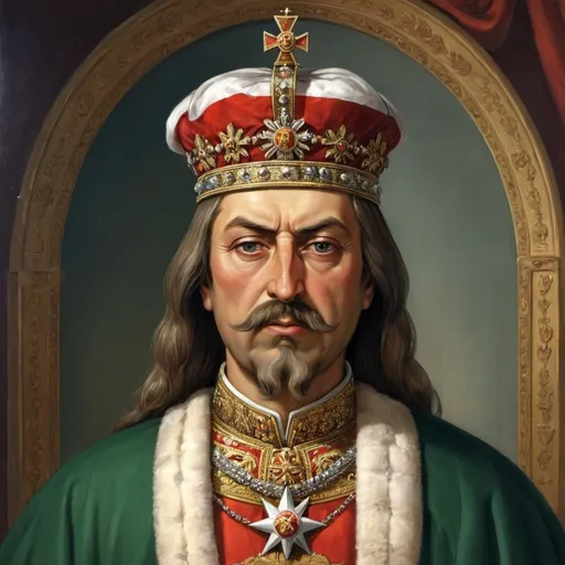 Prompt: Tsar Presian II was a ruler of Bulgaria during the 10th century, also known as Presian II of Bulgaria. His reign occurred during a challenging period marked by external threats and internal instability.

In terms of his external appearance, Tsar Presian II likely projected an image of authority and strength befitting his position as a monarch. He would have worn royal attire that emphasized his status, possibly adorned with symbols of kingship and power. Presian II may have had distinct facial features characteristic of Bulgarian nobility, reflecting his heritage and royal lineage.

While specific details about Tsar Presian II's physical appearance are limited in historical records, he is remembered as a ruler who faced considerable challenges during his reign, including conflicts with neighboring powers. His leadership during this tumultuous period played a role in shaping the course of Bulgarian history.
