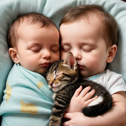 Prompt: a quite baby sleeping with a kitten
