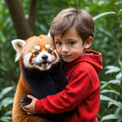 Prompt: a cute little boy hugging a red panda
