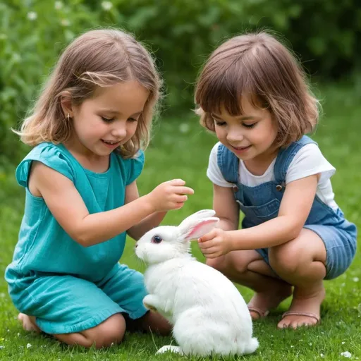 Prompt: a cute children playing with a bunny
