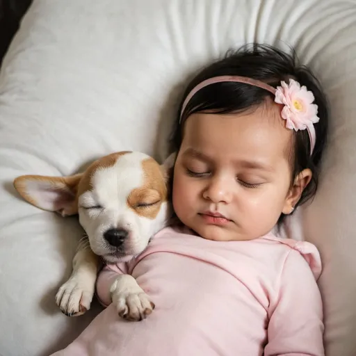 Prompt: a baby girl sleeping with a small dog
