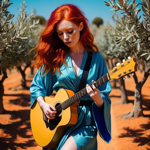 Prompt: A red hair goddess, playing guitar, olive grove, psychedelic, blue robe. Face on, bold colours rock chic. Edgy 