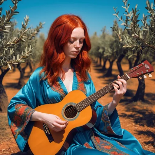 Prompt: A red hair goddess, playing guitar, olive grove, psychedelic, blue robe. 