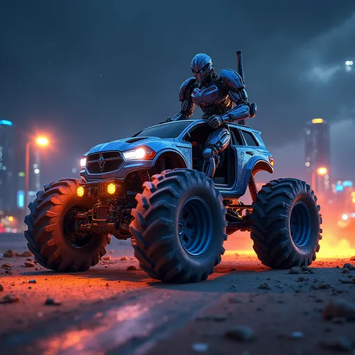 Prompt: gigant 4x4 buggy HOT wheels  Land in the night of a Color Futuristic City, Transformer Car with and robot war driving