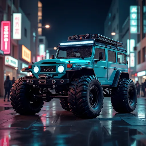 Prompt: gigant 4x4 buggy big wheels Max  Land cruiser toyota in the night of a Color Futuristic City JAPON drone photo