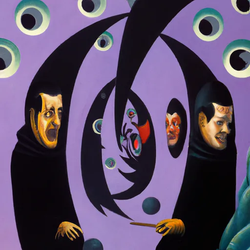 Prompt: possessed masked cultist jokers stuck in a black hole, as a painting by jack gaughan