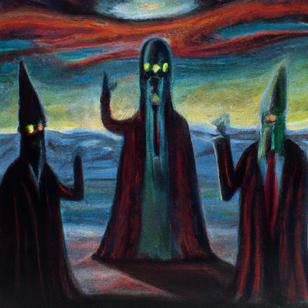 Prompt: group of 3 lonely possessed masked cultists creating the apocalypse, as a painting by jack gaughn