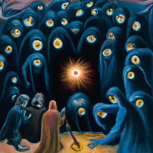 Prompt: possessed cultists stuck in a black hole, as a painting by jack gaughan