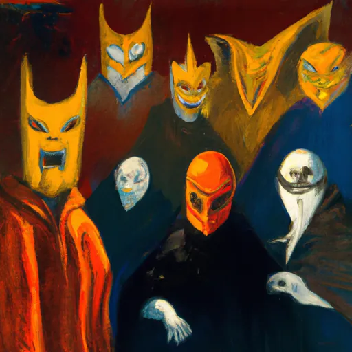 Prompt: group of possessed masked cultist supervillain, as a painting by jack gaughan