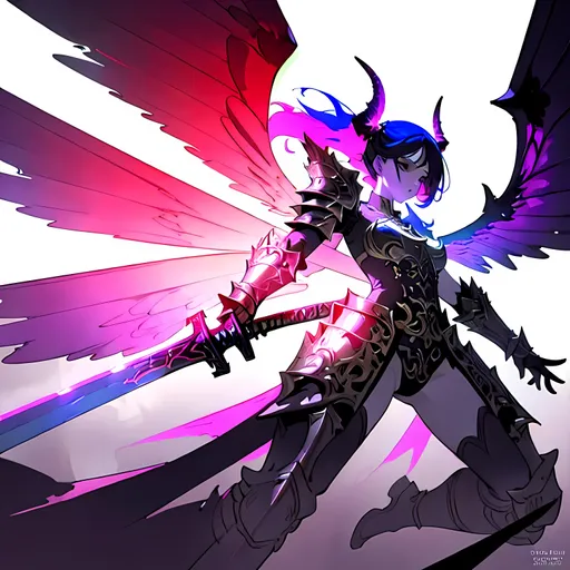 Prompt: demon girl, digital illustration, detailed wings and horns, high contrast, dark vs light, intense action, high quality, digital art, fantasy, dramatic lighting, vibrant colors, ornate armor, anatomically correct, wielding a giant sword, HD, high quality