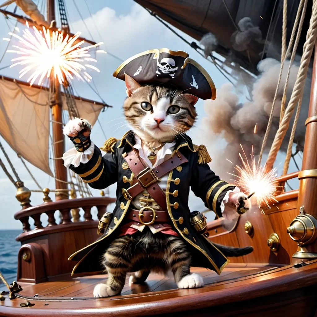 Prompt: antrophomorhic pirate cats sailing on the ship . Time and style form ponce de Leon..background cariibean see lot of light ship battle smoke firework sailes waving -camera angle close up for cats battle perspective. cats with swords in their hands