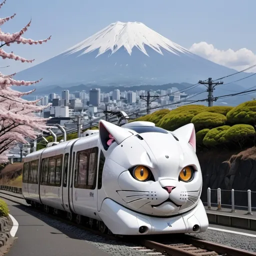 Prompt: robotic caborg look like Animal Fusion Vehicles cat  shape train in japan behind fuji mountaint