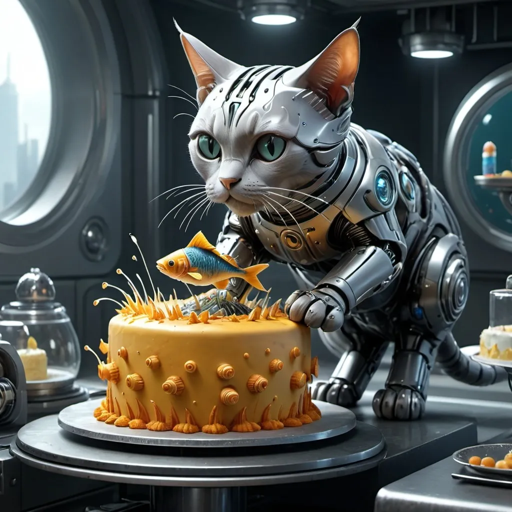 Prompt: Anthropomorphism cat constructing a new futuristic-looking cake with fish. intricate mech details, ground level shot, 8K resolution, Cinema 4D, Behance HD, polished metal, Unreal Engine 5, rendered in Blender, sci-fi, futuristic, trending on Artstation, epic, cinematic background, dramatic, atmospheric