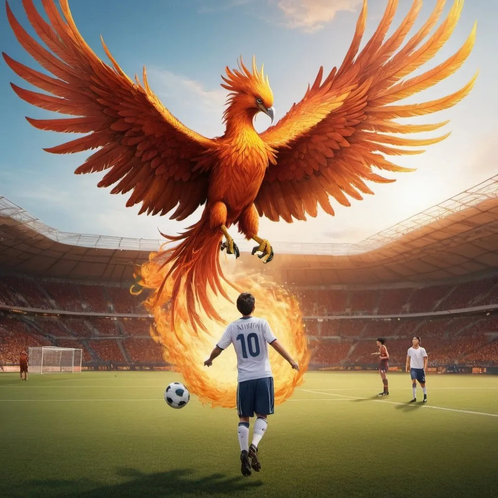 Prompt: A phoenix coming down from the sky and grabbing a soccer player from the soccer field