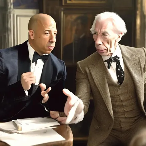 Prompt: Vin Diesel and Bertrand Russell filming a TikTok