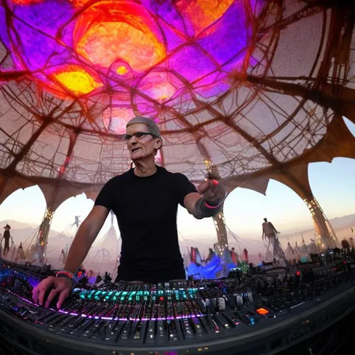 Prompt: Tim Cook djing at burning man