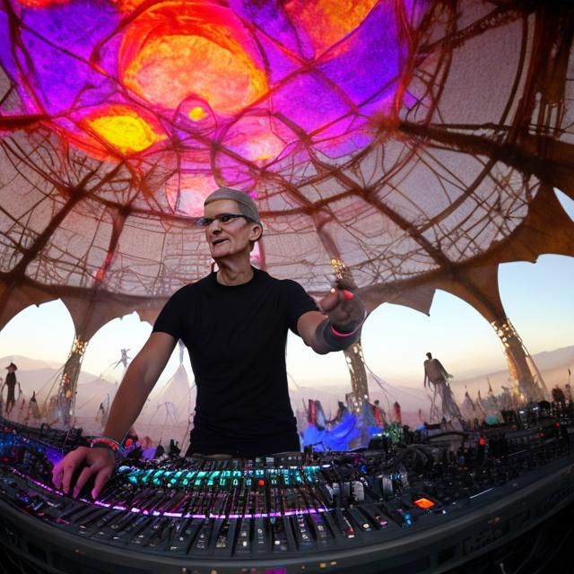 Prompt: Tim Cook djing at burning man