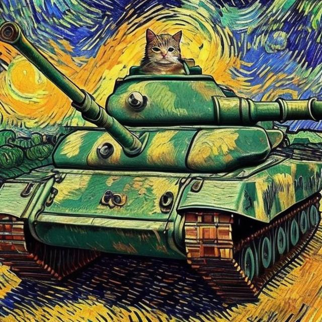 Prompt: a cat driving a tank painted in the style of van gogh
