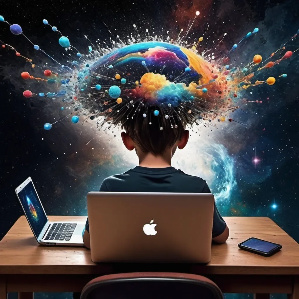 Prompt: A boy doing coding on laptop and his head gets splash with multiverse