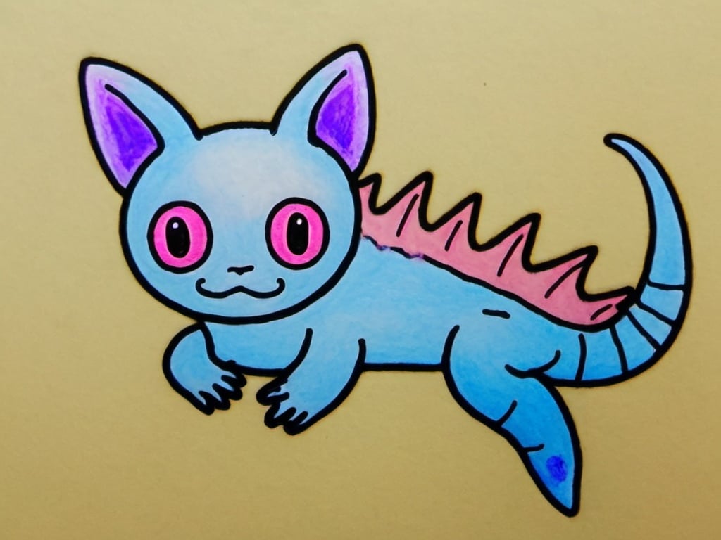 Prompt: Blue slugcat with pink axolotl gills and purple eyes