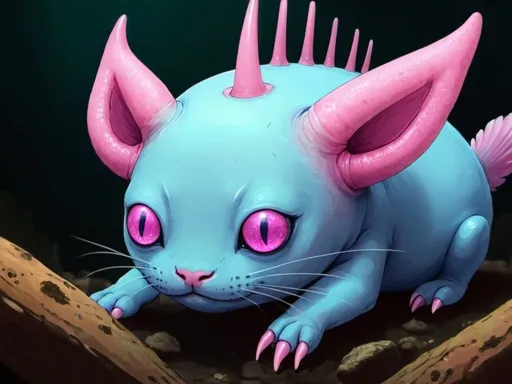 Prompt: Blue slugcat with purple eyes and pink axolotl gills on head