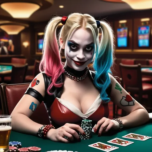 Prompt: Harley Quinn playing poker at casino, handing tree A cards, a glass of beer onthe table