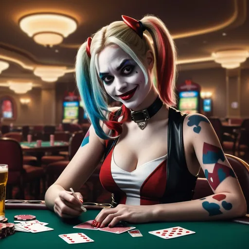 Prompt: Harley Quinn playing poker at casino, handing tree A cards, a glass of beer onthe table